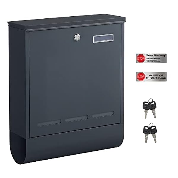 SONGMICS Buzón Exterior, Buzón de Pared para Exterior, Buzón con 4 Llaves, Pegatinas de No-Junk-Mail, Soporte para Periódicos, Ventanas de Visualización, Fácil de Instalar, Gris Antracita GMB060G01V1